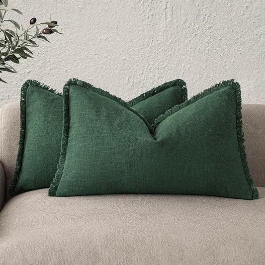 Foindtower Set of 2 Decorative Linen Fringe Lumbar Throw Pillow Covers Boho Farmhouse Cushion Cover with Tassels Soft Accent Pillowcase for Couch Sofa Bed Living Room Home Decor,12×20 Inch,Pine Green