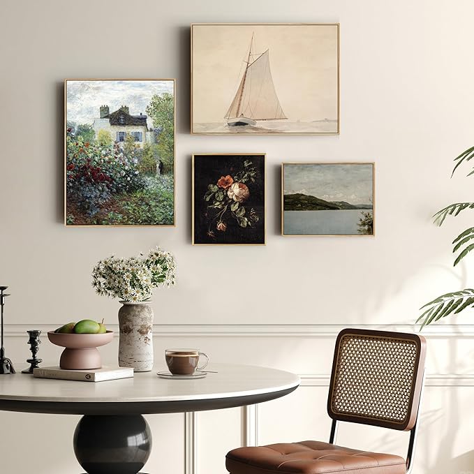 crmotu Framed Canvas Wall Art, Lake Landscape Vintage Large Artwork, Nature Scenery Retro Art Prints, Mountain River Moody Wall Painting for Living Room Bedroom Bathroom Office Decor Aesthetic 24x36in