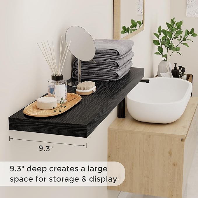 Fun Memories 36 Inch Floating Shelves Black, 9.3 Deep Floating Shelf for Wall, Rustic Black Wall Shelves 36x9.3x1.5 - Set of 2, Large Deep Shelf for Kitchen, Living Room Storage