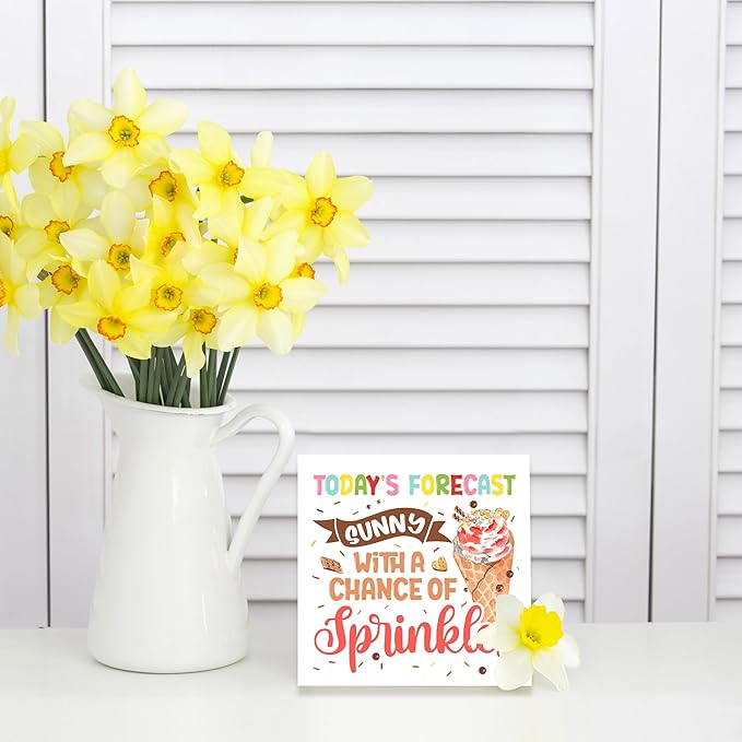 Summer Decor,Today’s Forecast Sunny With A Chance Of Sprinkles,Ice Cream Decor,Wooden Plaque Sign Box For Desk Home Bedroom Office 5x5 Inches.(062)