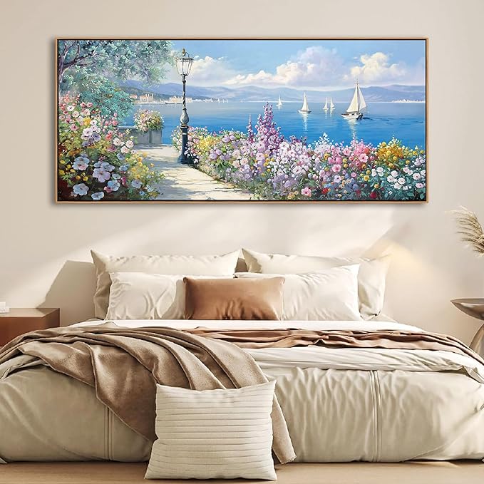 YCPRIMER Extra Large Coastal Wall Art - Sailboat Pictures Ocean Canvas Wall Decor Flowers Paintings Landscape Yellow Artwork Modern Seascape Nautical Decoration Framed for Living Room Bedroom Home Office Decor Size 70x31Inches