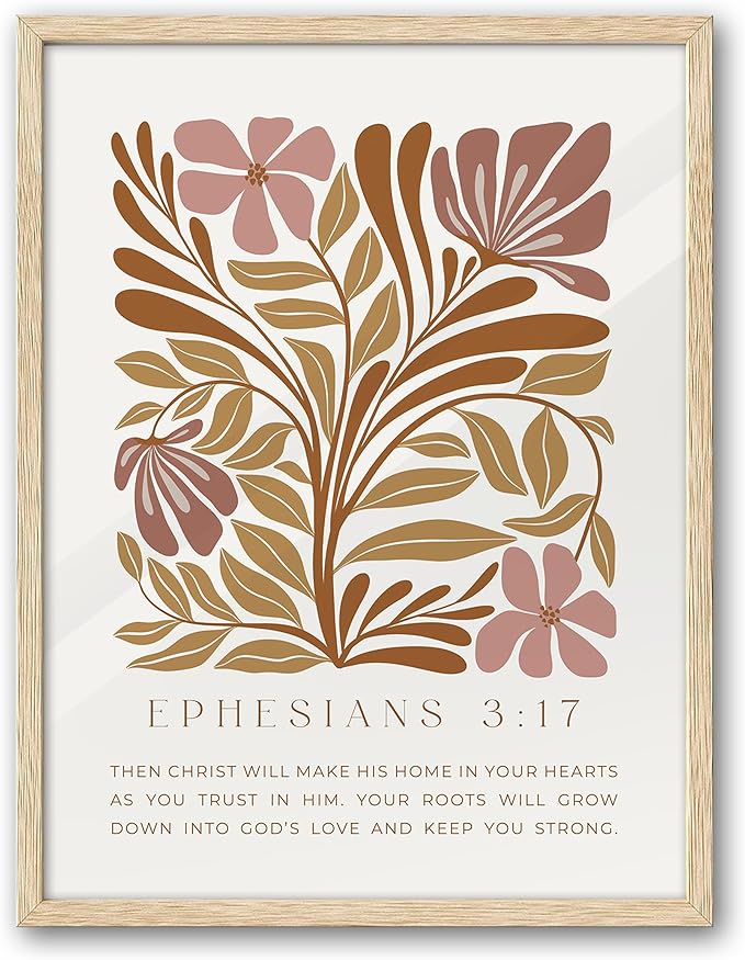 EcoHest Bible Verse Floral Framed Wall Art, 12x16 in OAK Wood Abstract Flowers Canvas Wall Art, Ephesians 3:17 Home Decor, Beige Logs Boho Christ Set of 1 for Bedroom Living Room
