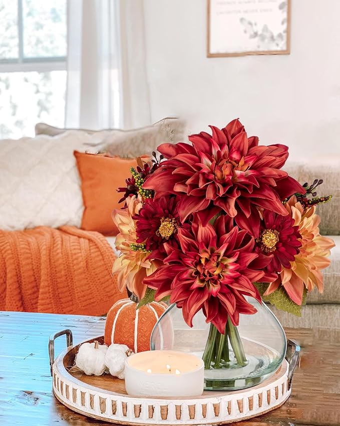 Briful Faux Fall Flowers in Vase, Artificial Dahlia & Mum Silk Floral Arrangement with Clear Glass Vase Fake Autumn Flowers Bouquet for Home Office Dining Room Table Centerpiece Decoration