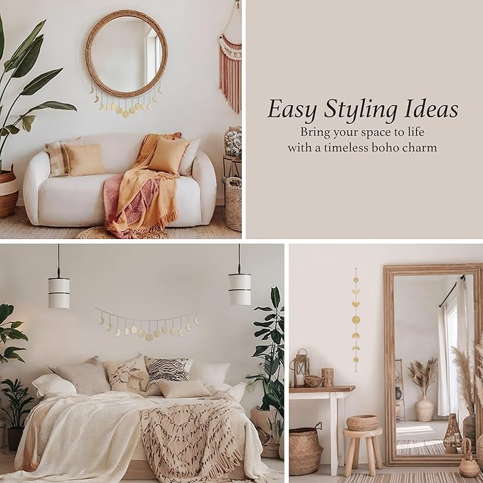 BASE ROOTS Moon Phase, Gold Wall Decor for Bedroom & Living Room, Bohemian Wall Decor, Handmade Hammered Metal 34" 7 Phases Moon, Celestial Wall Art, Gift for Women & Kids