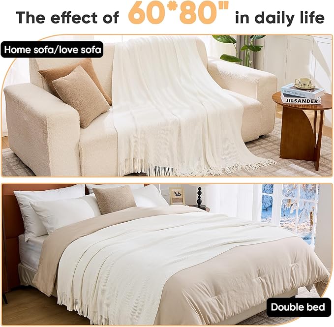 inhand Knitted Throw Blanket for Couch Bed,Chunky Chenille Woven Soft Blankets with Tassels, Cozy Boho Farmhouse Fall Winter Decor,Warm for Women,60"x80",Medium Thick-Off White