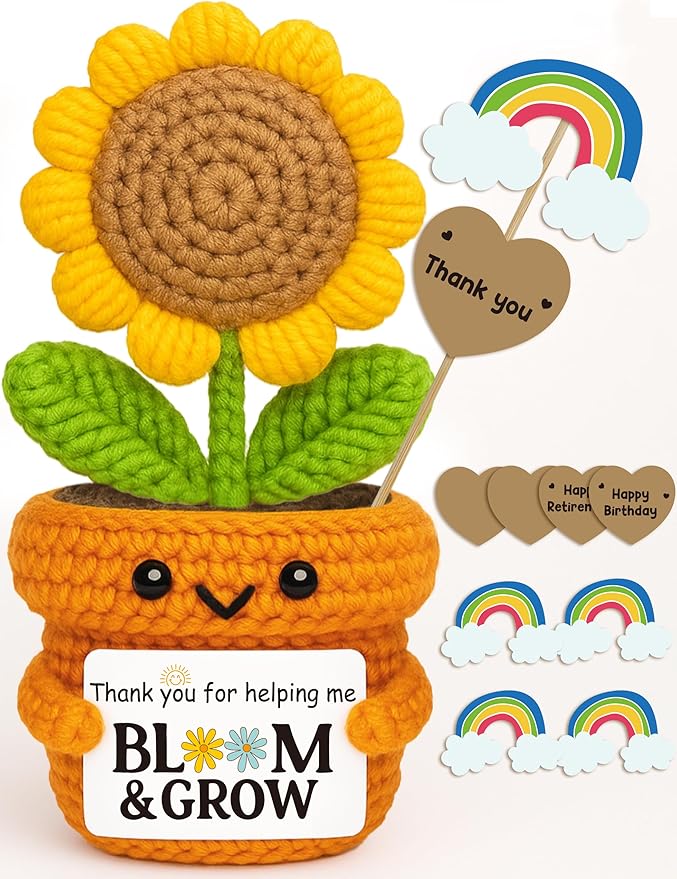 Crochet Sunflower Appreciation Gift “Thank You for Helping Me Bloom & Grow” Knitted Flowers Plush for Teacher, Principal, Mentor, Counselor, Farewell, Retirement, Thanksgiving, Christmas
