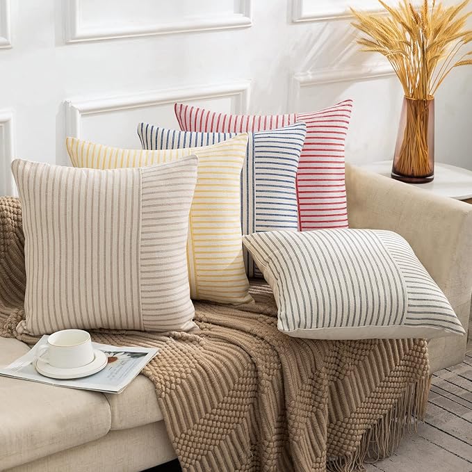 Christmas Pillow Covers 24x24, Modern Accent Square Throw Pillow Covers Set of 2, Red and Beige Striped Patchwork Linen Decorative Pillows Cushion Covers for Couch Chair Bedroom Christmas Decorations