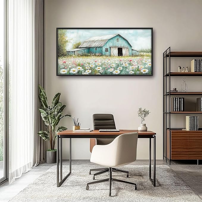 Farm Barn Large Wall Art for Living Room Framed, Farmhouse Wall Decor Pictures, Teal Barn Canvas Print Painting, Aesthetic Artwork Bedroom Office Home Decor 60"x30"