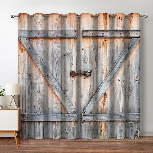 Jekeno Wood Barn Door Blackout Curtains Rustic Farmhouse Wooden Door in Retro Color Oak Board Countryside Village Rural Decor for Bedroom Living Room Grommet Window Drapes 2 Panel Set, 52"x63"