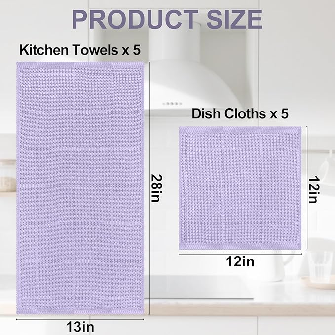Homaxy 100% Cotton Kitchen Towels and Dishcloths Set, 12 x 12 Inches and 13 x 28 Inches, Set of 10 Bulk Kitchen Towels Set, Ultra Soft Absorbent Dish Cloths for Washing Dishes, Lavender