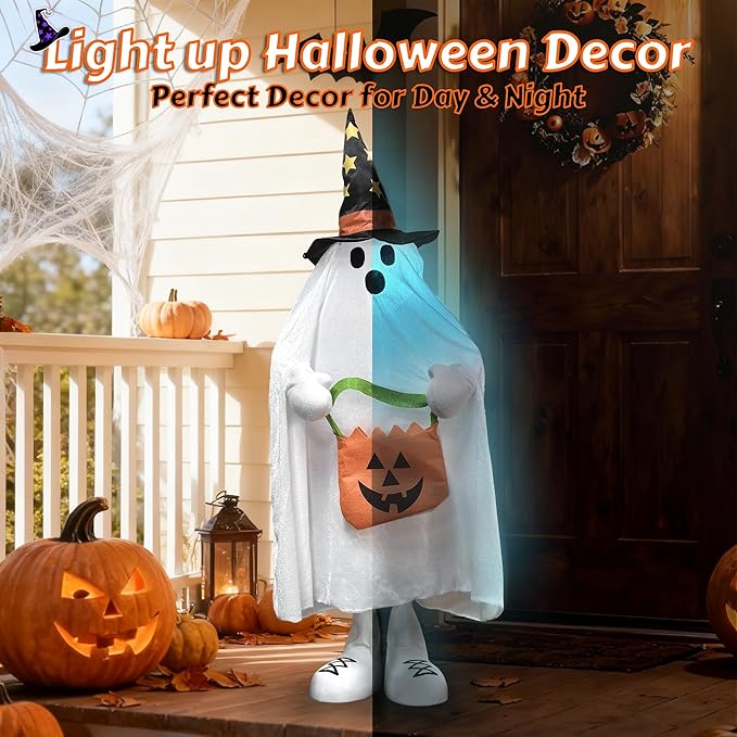 Halloween Decorations Outdoor Light up Ghost Porch Decor with Color Changing Lights & Small Candy Bag for Trick or Treat, 37" Halloween Party Favors Indoor Home Decor, Spooky Gifts for Kids & Adults