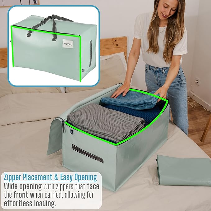 VENO 8 Pack Moving and Storage Bags, Heavy Duty, Alternative to Moving Boxes, Large Packing Totes Supplies for College Dorm Room with Zipper for Clothes, Wide Open Design (Shiny Light Green, 8 Pack)