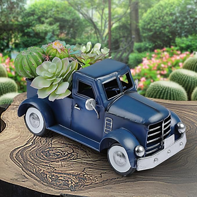 Farmhouse Blue Truck Tabletop Decor, Vintage Car Trucks Decorations for Indoor and Outdoor, Farm Pick-up Shelf Decors, Decorative Desktop Storage