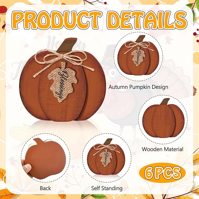 6 Pcs Fall Decorations Modern Rustic Pumpkin Wooden Sign Autumn Farmhouse Pumpkin Block Table Centerpiece Grateful Blessing Tiered Tray Decor for Fall Thanksgiving Home Office Desk Decor