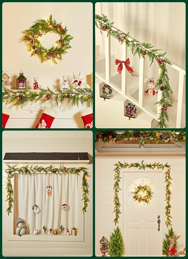 Brightown Christmas Garland with Lights, 6Ft 20 LED Lighted Cypress Leaves Garland Decorated with Pine Cones, Berry, Battery Operated Christmas Lights for Mantle Fireplace Stairs Wall Table, 2 Pack