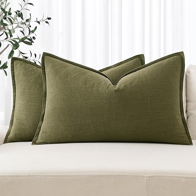 MIULEE Decorative Linen Pillow Covers 12x20 Inch Green Boho Farmhouse Neutral Couch Throw Pillows for Bed Pack of 2 Accent Outdoor Pillowcase Modern Sofa Cushion Livingroom Home Decor