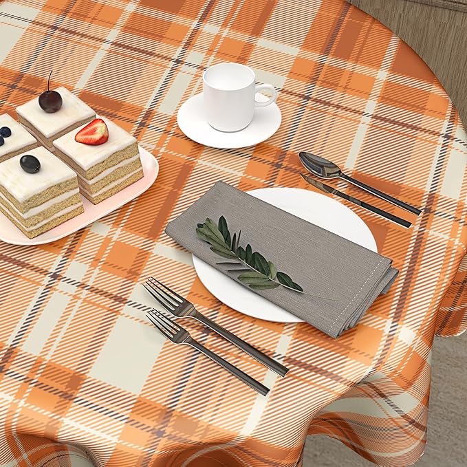Kawani Fall Orange Tablecloth Round 60” Autumn Thanksgiving Buffalo Plaids Tablecloths Fall Checkered Decoration Round Table Cover Washable House Decor for Kitchen Dining Room Farmhouse Holiday