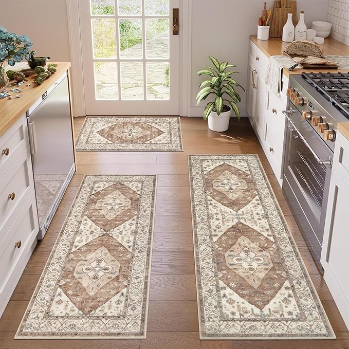 Pauwer Kitchen Mats for Floor 3 Piece Set Boho Non Slip Kitchen Rugs Washable Farmhouse Kitchen Floor Mats Thick Long Kitchen Throw Area Rug Carpet Runner for Hallway Laundry Bathroom, Caramel