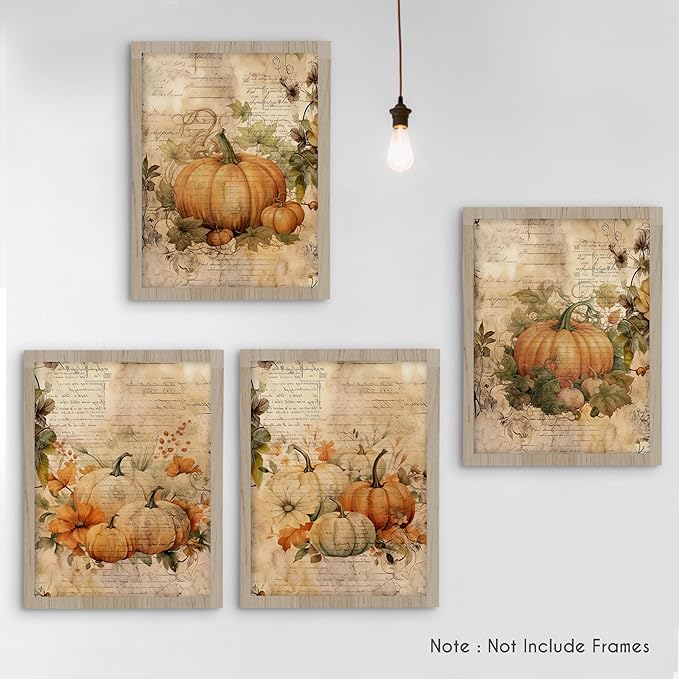 HRQKO Vintage Fall Wall Art Poster Prints Set of 4, Pumpkin Farmhouse Artwork for Home Bedroom Kitchen Decor, 12"x16" Unframed