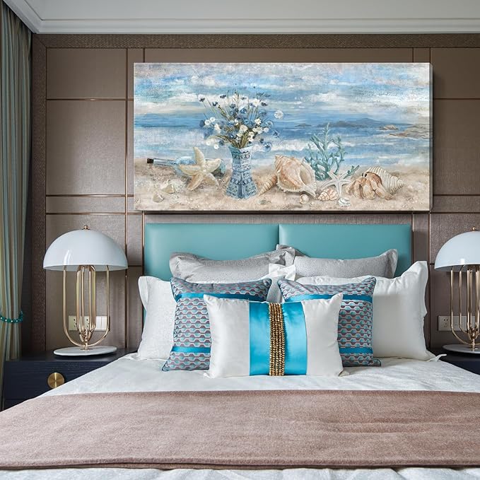 Beach Canvas Wall Art for Living Room Ocean Theme Seaside Print Blue Coastal Picture Abstract Seascape Landscape Pink Teal Painting Daisy Flower in Indian Vase Framed Artwork for Home Decor 30x60inch