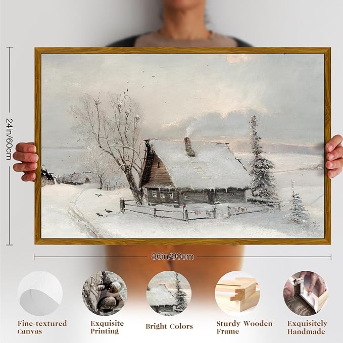 crmotu Large Framed Wall Art, Winter Landscape Vintage Decor Painting, Retro Snowy Cabin Canvas Prints, Country Nature Scenery Pictures Wall Decor Living Room Bedroom, Rustic Farmhouse Artwork 24x36in