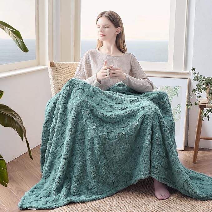 NEWCOSPLAY Super Soft Twin Blanket Light Teal Premium Silky Flannel Fleece 3D Checkered Lightweight Bed Blanket All Season Use (Light Teal Checkered, Twin(60"x80"))