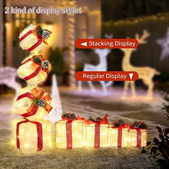 Christmas Lighted Gift Boxes Decorations Set of 4, 3.6Ft Stackable Christmas Nesting Boxes Battery Operated for Home and Party Decoration (10"-8"-6"-5", Red Bow)