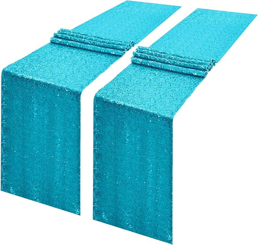 2 Packs 12 x 108 inches Turquoise Sequin Table Runner, Glitter Turquoise Blue Table Runner for Wedding Birthday Bachelorette Holiday Party Supplies Decorations Bridal Shower Baby Shower
