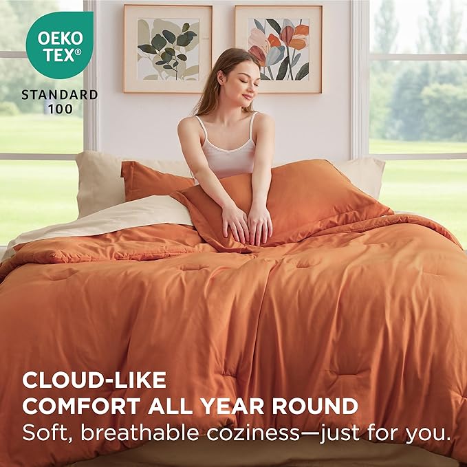 Bedsure King Size Comforter Set - 7 Pieces Burnt Orange King Bedding Set for All Seasons, Boho Contrasting Design Bed in a Bag with Comforter, Sheets, Pillowcases & Shams