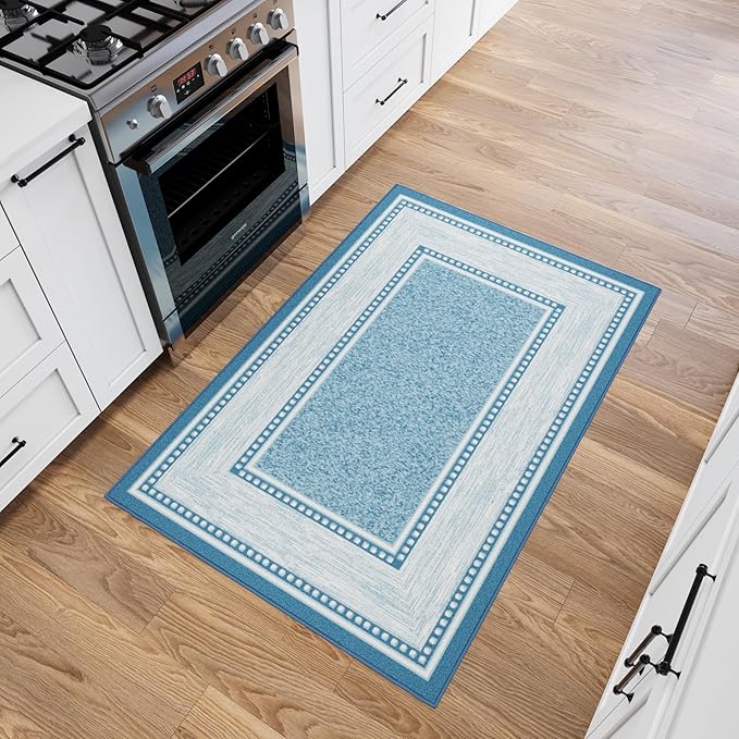 Ottomanson 3'3" x 5' Rugs for Living Room Border Area Rug for Bedroom - Non Slip Durable Large Floor Carpet for High Traffic Areas - Indoor Rug for Dining Room Kitchen Kids Playroom, Turquoise