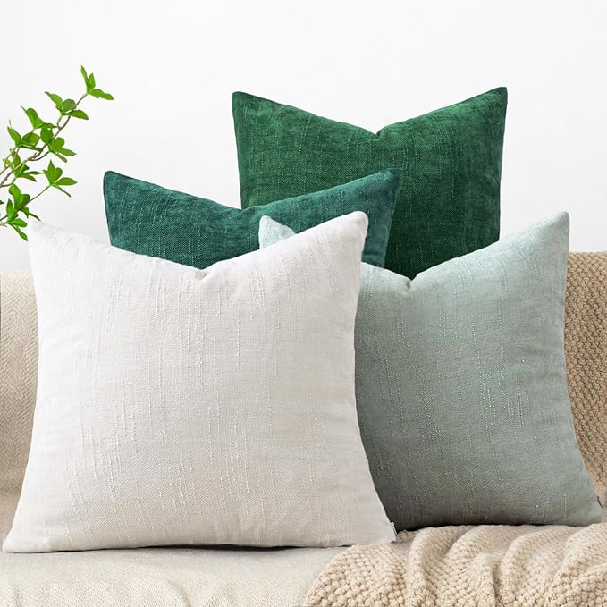 Set of 4 Soft Textured Decorative Throw Pillow Covers 18x18 Inch Cozy Farmhouse Cushion Cover Square Accent Pillow Cases for Bed Couch Sofa Living Room, White Aqua Green