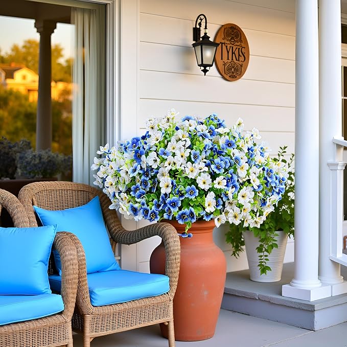 LADADA 6 Bundles Artificial Fake Flowers，Fake Blue Silk Daisy with Eucalyptus for Planter Pot UV Resistant Realistic for Outside Porch Home Patio Garden Decoration (White Blue)