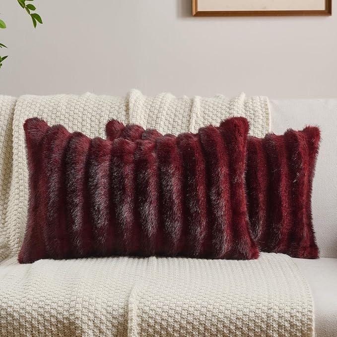 FUTEI Burgundy Decorative Throw Pillow Covers 12x20 Inch Set of 2,Soft Fluffy Faux Mink Fur Dyeing Striped Textured Lumbar Pillow Case,Modern Home Decor for Couch Bed Living Room