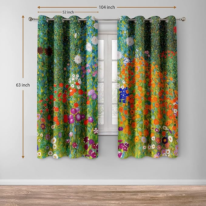 Jekeno Blackout Curtains Flower Garden by Gustav Klimt Home Bedroom Living Room Decoration Flowers Floral Darkening Grommet Window Drapes 2 Panel Set, 52"x63"