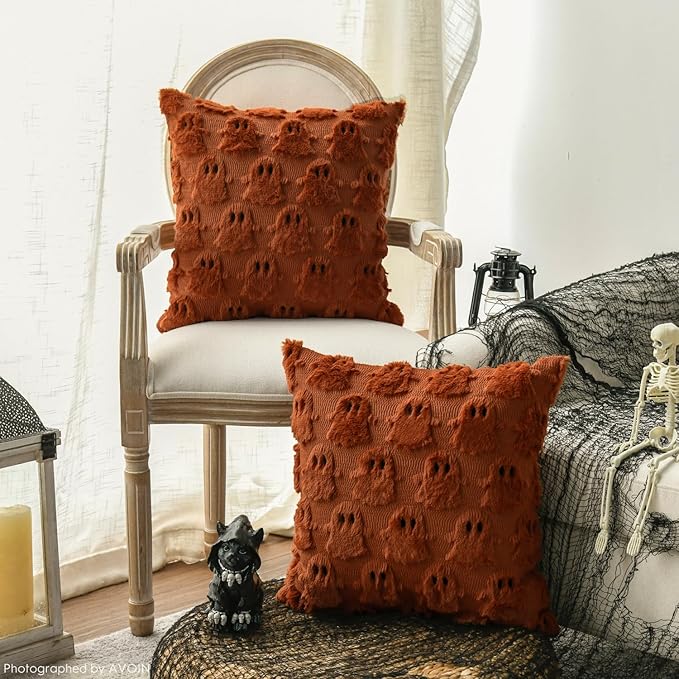 AVOIN colorlife Halloween Ghost Caramel Throw Pillow Cover Set of 2, 18 x 18 Inch Soft Plush Faux Fur Jacquard Spooky Cushion Case Decoration for Sofa Couch