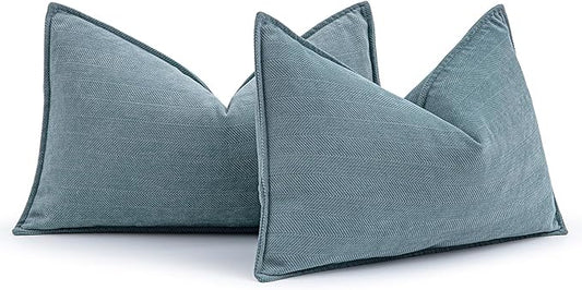 MIULEE Pack of 2 Dusty Blue Decorative Lumbar Pillow Covers 12x20 Inch Soft Chenille Luxurious Couch Throw Pillows Farmhouse Cushion Covers with Elegant Design for Sofa Bedroom Living Room Home Decor