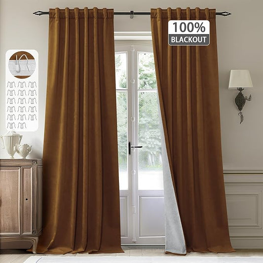 StangH Gold Brown Curtains Luxury Velvet Blackout Thermal Insulated Window Drapes for Bedroom White Liner Back Tab Hook Belt for Track System Room Dividers, W52 x L84, 2 Panels
