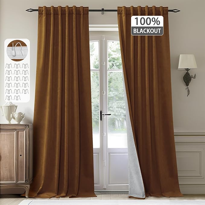 StangH Gold Brown Velvet Curtains 100% Blackout Thermal Insulated Window Drapes for Fall Luxury Heavy Thick Hook Belt Privacy Dividers for Living Room, W52 x L90, 2 Panels