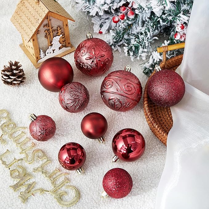 Wironlst Christmas Ball Ornaments - 30pcs Shatterproof Plastic Christmas Ornaments Hanging Ball Decorations for Xmas Tree, Holiday, Wedding, Party (Multi-Size, Burgundy)