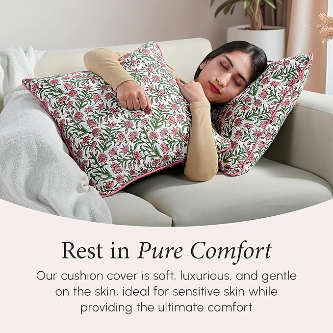 CPC 100% Cotton Throw Pillow Covers 18x18 Inch, Set of 2 Red Block Print Pattern Couch Pillow, Cute Boho Decorative Pillows for Living Room, Bedroom with Hidden Zipper- Red Garnet