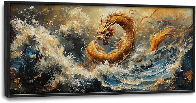 Flintis Large Golden Dragon Framed Wall Art Japanese Waves Pictures Wall Decor Abstract Asian Wild Animal Canvas Painting Print Artworks Framed for Living Room Bathroom Master Bedroom 60L X 30W