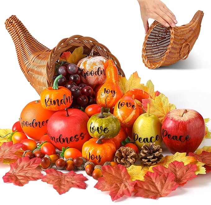 76 Pcs Thanksgiving Fall Cornucopia Basket Set Fall Table Centerpiece 13.78'' Large Thanksgiving Autumn Cornucopia Horn of Plenty Harvest Table Decorations with Pumpkin Fruit Inspirational Sticker