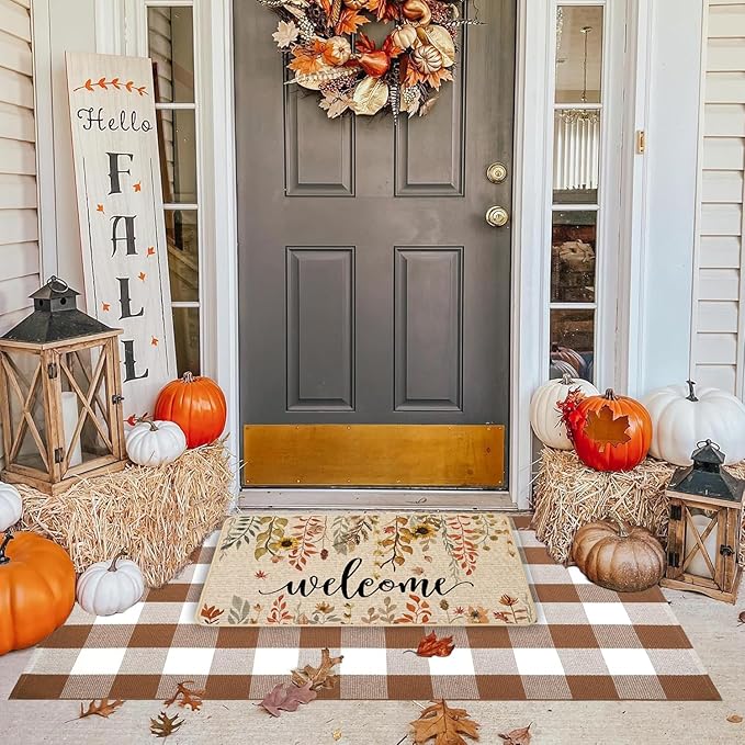 ORTIGIA Welcome Fall Doormat Eucalyptus Leaves Sunflowers Door Mats Indoor Outdoor Patio Non-Slip Entrance Floor Mat for Home, Outside, Yard, Patio 17x29 Inch