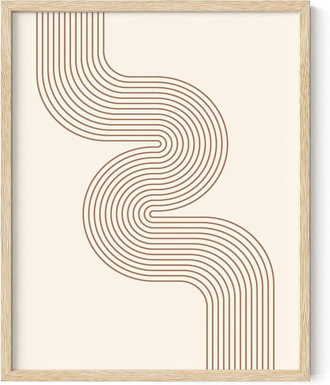 HAUS AND HUES Line Art Mid Century Modern Wall Decor - Boho Prints Wall Art Abstract Geometric Wall Decor Line Art Prints Modern Boho Art Snaking River from Top Left (Beige Framed, 16x20)