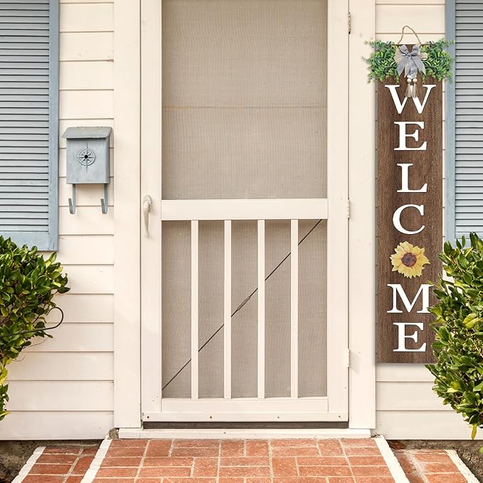 Interchangeable Outdoor Welcome Sign for Front Porch Standing 47"×8" Set of 3 Large Wood Frame with 12 Pcs Icons Vertical Tall Leaner Outside Welcome Sign for Front Door Decor(Wood)
