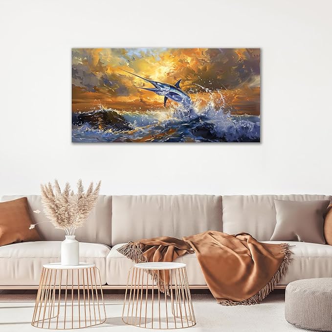 Mecowcm 30x60 inch Large Nautical Fish Wall Art Swordfish Pictures Wall Decor Abstract Ocean Marine Life Canvas Print Coastal Wave Painting Artwork Home Decorations for Living Room Bedroom Office