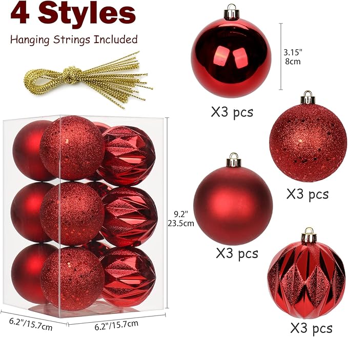 12PCS 3.15" Christmas Ball Ornaments Shatterproof Red Christmas Tree Decorations Xmas Tree Balls Halloween Ornaments Décor