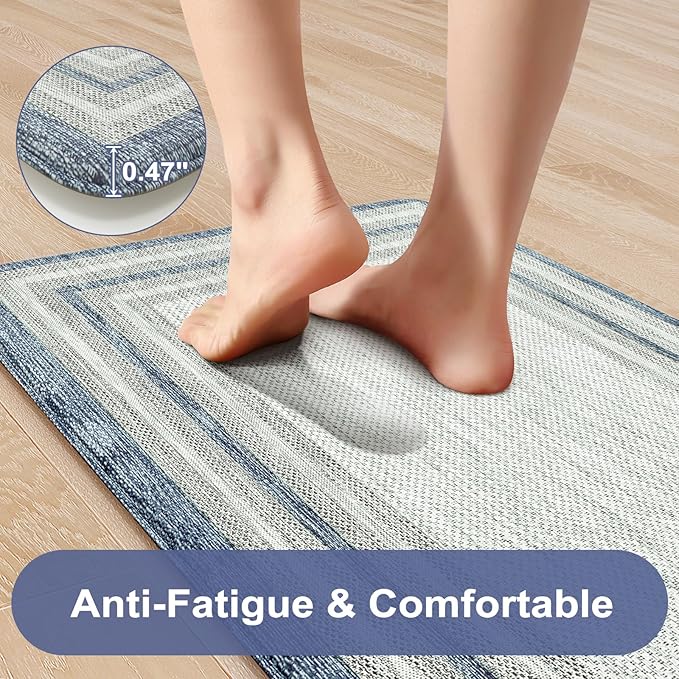 KIMODE Anti Fatigue Kitchen Mat, Cushioned Boho Oriental Kitchen Runner, Non Slip Waterproof Kitchen Mat for Floor, Comfort Foam Standing Desk Mat for Laundry, Office, Sink Blue and Grey 20"x39"