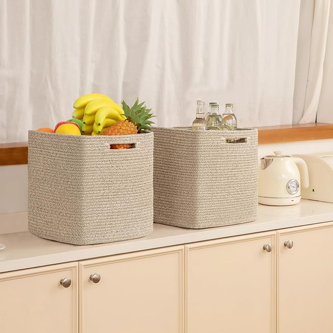 OIAHOMY Storage Cubes, 11 Inch Cube Organizer, Collapsible Storage Bins, Baskets for Organizing, Bins for Shelves-Brown, 2-PACK