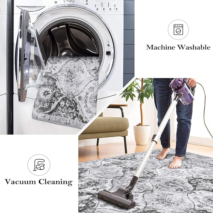 Lahome Moroccan Trellis Washable Rug, 2x3 Kitchen Rugs for Entryway Bathroom, Non-Slip Indoor Door Mat Ultra-Thin, Small Oriental Throw Carpet for Bedroom Entry, Silver/Grey